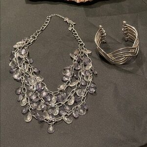 Silver and Purple Statement Necklace and Bracelet Set